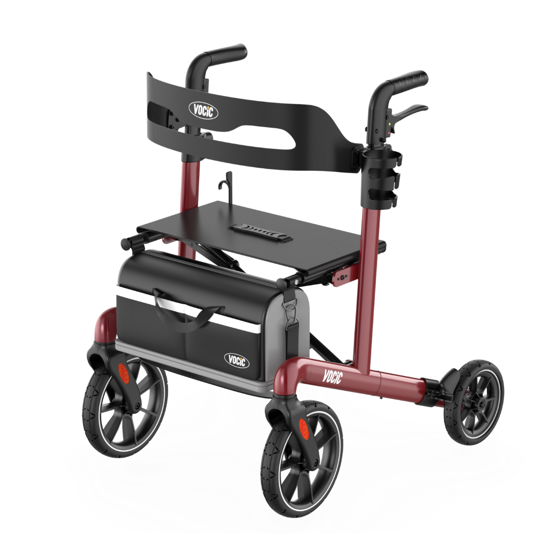 A VOCIC Z66 Comfort Glide Indoor & Outdoor Rollator in red, featuring a black seat, storage bag, four wheels, adjustable frame, hand brakes, a backrest, and sturdy construction for reliable support.